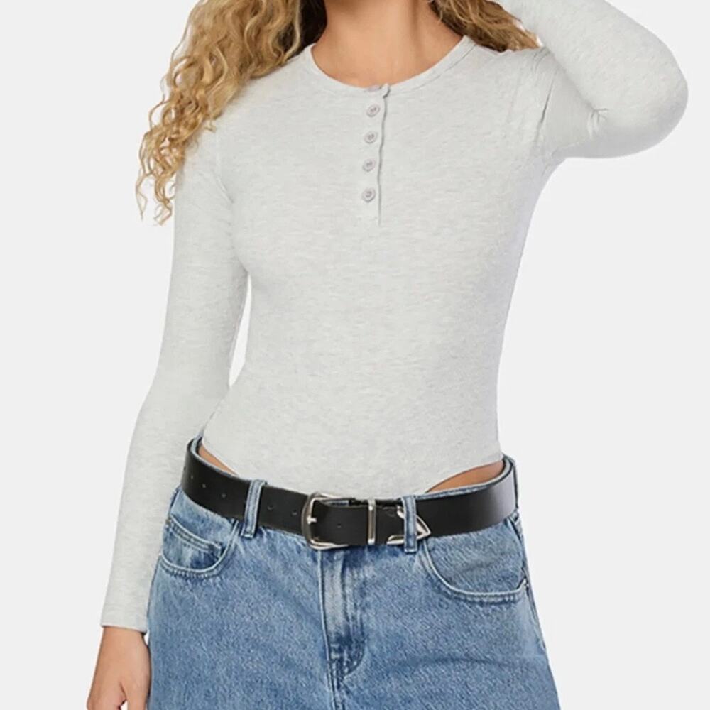 Crew Neck Henley Bodysuit - Heather Grey - Size Medium - Sleek Basic Minimalist